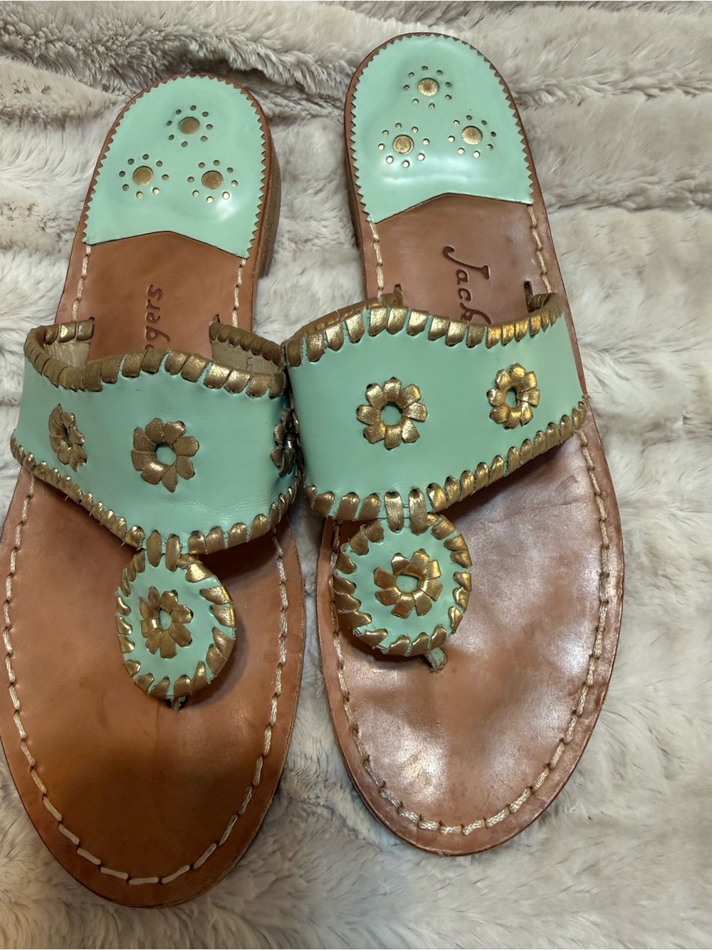 Jack Rogers Mint Green and Gold Sandals Size 9